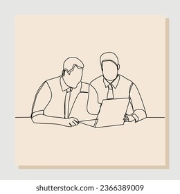 continuous single one line drawing of two women coworker talking something on laptop. vector illustration