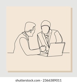 continuous single one line drawing of two women coworker talking something on laptop. vector illustration