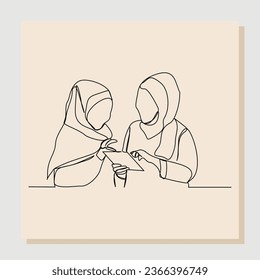 Continuous single one line drawing of two muslim business women read and discussing job paper. Vector illustration