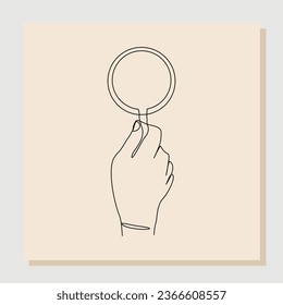 Continuous single one line drawing sketch hand drawn of hand holding magnifying glass. Vector illustration