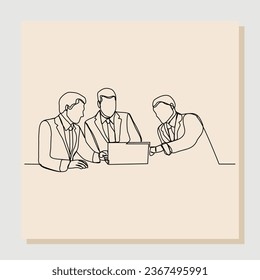 Continuous single one line drawing of business coworkers discussing work at office. Vector illustration	