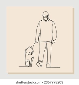 Dibujo continuo de una sola línea de un hombre con máscara caminando con mascota. Ilustración del vector