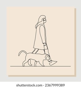 Dibujo continuo de una sola línea de una mujer con mascarilla caminando con mascota. Ilustración del vector