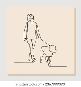 Dibujo continuo de una sola línea de una mujer con mascarilla caminando con mascota. Ilustración del vector