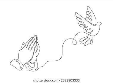 Continuous single one line drawing of Two Hands Pressed Together in Prayer Position and Flying Dove. Pray for peace. Action for Prayer, Gratitude, Greeting and Thankful Isolated on White Background