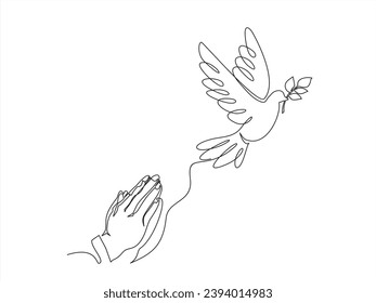 Continuous single one line drawing of Man Hands Pressed Together in Prayer Position and Flying Dove. Pray for peace. Action for Prayer, Gratitude and Thankful Isolated on White Background