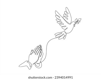 Continuous single one line drawing of Man Hands Pressed Together in Prayer Position and Flying Dove. Pray for peace. Action for Prayer, Gratitude and Thankful Isolated on White Background