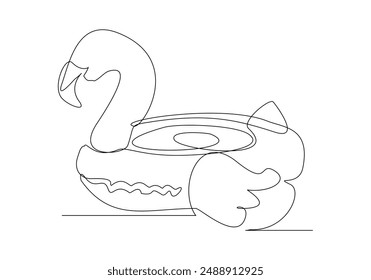 Continuous single one line drawing inflantable rubber flamingo toy summer beach concept. sketch drawing design vector graphic illustration.