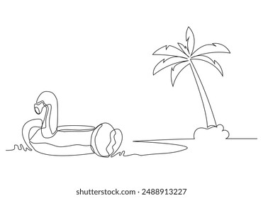 Continuous single one line drawing inflantable rubber flamingo toy summer beach palm coconut tree scene concept sketch drawing design vector graphic illustration.