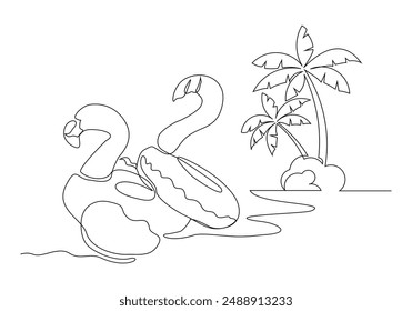 Dibujo continuo de una sola línea de goma inflable flamingo juguete verano playa palma cocotero concepto bosquejo dibujo diseño Vector ilustración gráfica.