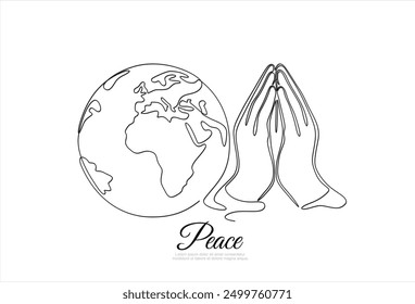 Continuous single one line drawing of Two Hands Pressed Together in Prayer Position and Earth globe. Pray for peace. Action for Prayer, Gratitude, Greeting and Thankful Isolated on White Background