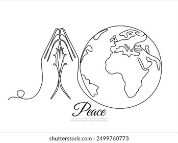 Continuous single one line drawing of Two Hands Pressed Together in Prayer Position and Earth globe. Pray for peace. Action for Prayer, Gratitude, Greeting and Thankful Isolated on White Background