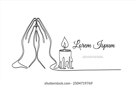 Continuous single one line drawing of Two Hands Pressed Together in Prayer Position and candle. Pray for peace. Action for Prayer, Gratitude, Greeting and Thankful Isolated on White Background