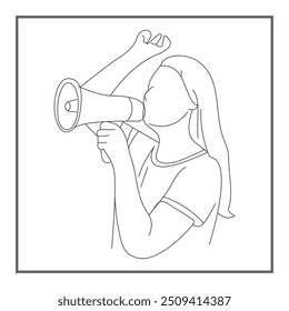 Desenho contínuo de uma única linha de empresária segurando megafone para falar anunciar e propaganda vetor ilustração.