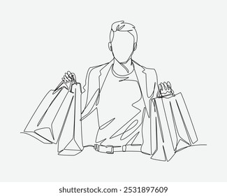 Continuous single one line drawing of handsome young man holding many shopping bags. Enjoying shopping. Editable line vector illustration.