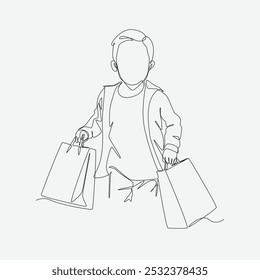 Continuous single one line drawing of little boy holding many shopping bags. Enjoying shopping. Editable line vector illustration.