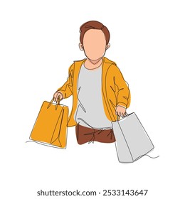 Continuous single one line drawing of little boy holding many shopping bags. Enjoying shopping. Colored and editable line vector illustration.