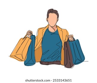 Continuous single one line drawing of handsome young man holding many shopping bags. Enjoying shopping. Colored and editable line vector illustration.