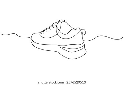 Continuous single one line drawing of casual sneakers shoes minimalism design, Shoes continuous one line drawing. Sports shoes in a line style. Sneakers isolated on white background.