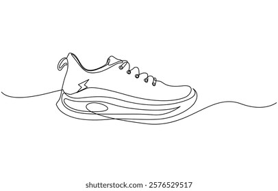 Continuous single one line drawing of casual sneakers shoes minimalism design, Shoes continuous one line drawing. Sports shoes in a line style. Sneakers isolated on white background.