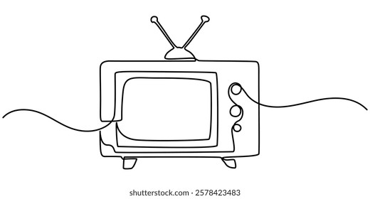 Continuous single one line drawing of old retro analog television. Editable line vector illustration, Single continuous line drawing of retro old fashioned tv with wooden case and leg. Antique vintage