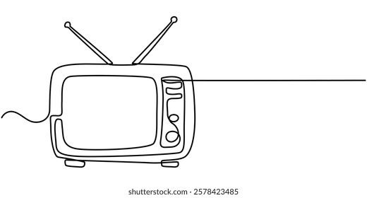 Continuous single one line drawing of old retro analog television. Editable line vector illustration, Single continuous line drawing of retro old fashioned tv with wooden case and leg. Antique vintage