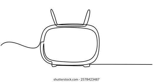 Continuous single one line drawing of old retro analog television. Editable line vector illustration, Single continuous line drawing of retro old fashioned tv with wooden case and leg. Antique vintage