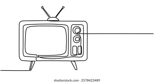 Continuous single one line drawing of old retro analog television. Editable line vector illustration, Single continuous line drawing of retro old fashioned tv with wooden case and leg. Antique vintage