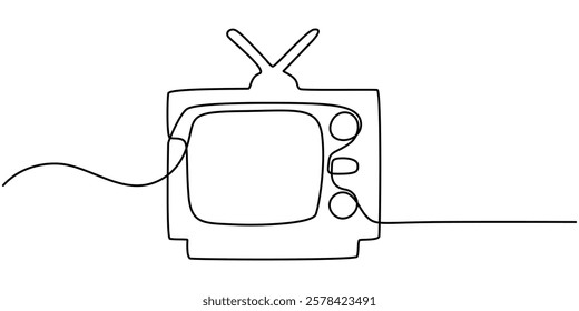 Continuous single one line drawing of old retro analog television. Editable line vector illustration, Single continuous line drawing of retro old fashioned tv with wooden case and leg. Antique vintage