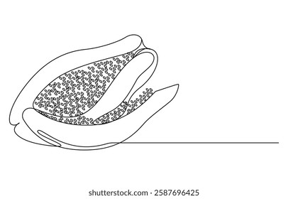 Continuous single one line drawing of fresh papaya exotic tropical fruit, Continuous one line drawing of sliced healthy organic papaya for orchard logo identity