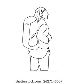 Desenho contínuo de uma única linha de pessoas viajando com mochila. arte da linha de sucesso da mulher para caminhadas no topo da montanha. Ilustração do vetor de esboço