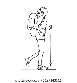 Desenho contínuo de uma única linha de pessoas viajando com mochila. arte da linha de sucesso da mulher para caminhadas no topo da montanha. Ilustração do vetor de esboço