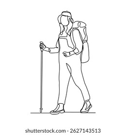 Continuous single one line drawing of traveling people with backpack. line art of woman success to hiking on top of mountain. Sketch vector illustration