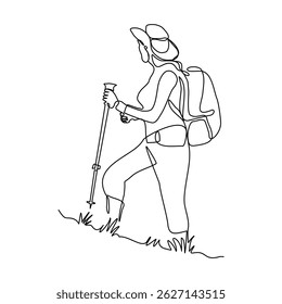 Continuous single one line drawing of traveling people with backpack. line art of woman success to hiking on top of mountain. Sketch vector illustration