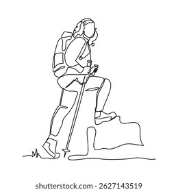 Continuous single one line drawing of traveling people with backpack. line art of woman success to hiking on top of mountain. Sketch vector illustration