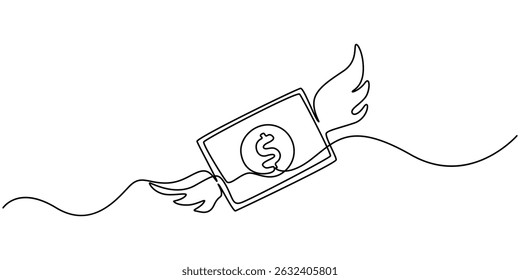 Continuous single one line drawing art of money paper flying with wings. Vector illustration of loss dollar banknote money, Continuous one line drawing flying money stacks of dollar banknotes. Budget.