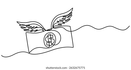 Continuous single one line drawing art of money paper flying with wings. Vector illustration of loss dollar banknote money, flying dollar with wings continuous one line drawing. 