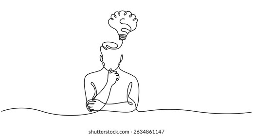 Continuous single one line drawing business man holding idea bulb. Vector illustration of smart and success people, A head with a light bulb drawn continuous one line drawing. A head with a light bulb