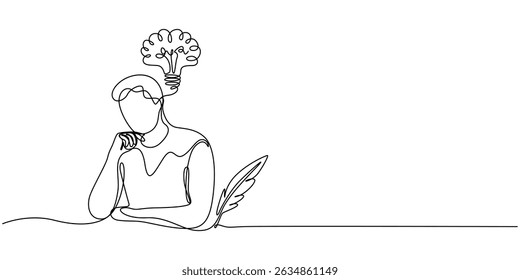Continuous single one line drawing business man holding idea bulb. Vector illustration of smart and success people, A head with a light bulb drawn continuous one line drawing. A head with a light bulb