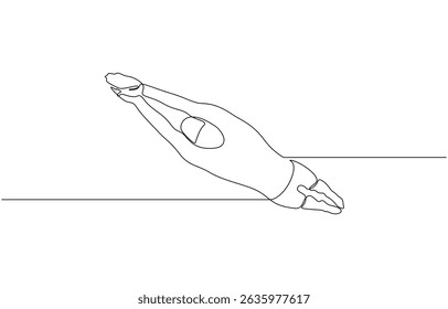 Continuous single one line drawing art of swimming athlete woman jumping to start swim, Swimmer jumping in single continuous line drawing style. editable stroke. vector illustration.
