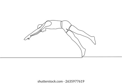 Continuous single one line drawing art of swimming athlete woman jumping to start swim, Swimmer jumping in single continuous line drawing style. editable stroke. vector illustration.