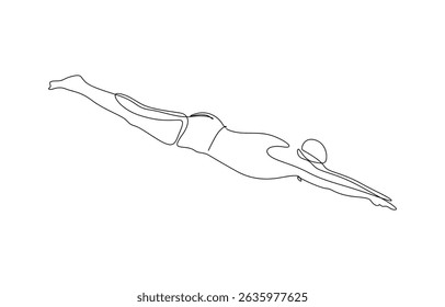 Continuous single one line drawing art of swimming athlete woman jumping to start swim, Swimmer jumping in single continuous line drawing style. editable stroke. vector illustration.