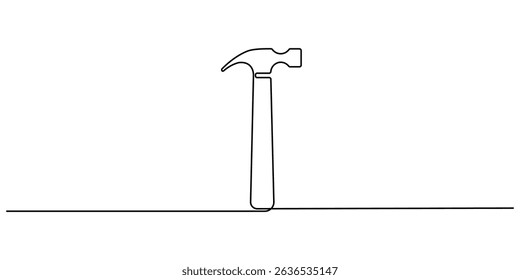 Continuous single one line drawing of hammer construction handyman tool and judge law vector illustration, Hammer one continuous single line art drawing, One line drawing of judge hammer law symbol.