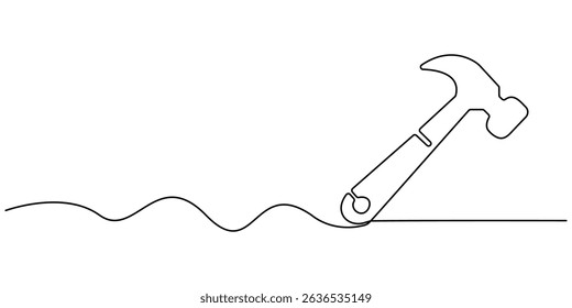 Continuous single one line drawing of hammer construction handyman tool and judge law vector illustration, Hammer one continuous single line art drawing, One line drawing of judge hammer law symbol.
