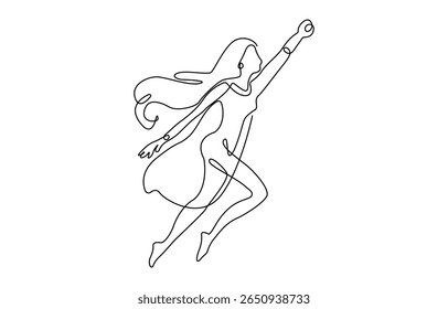 Desenho contínuo de uma única linha de super-heroína de negócios voadora, conceito de ilustração Vetor de funcionário de poder, realização de sucesso, líder de herói de negócios.