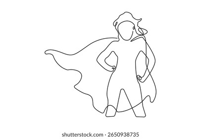 Desenho contínuo de uma única linha de super-heroína de negócios voadora, conceito de ilustração Vetor de funcionário de poder, realização de sucesso, líder de herói de negócios.