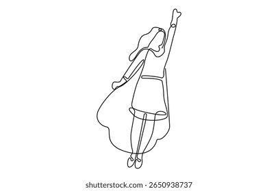 Desenho contínuo de uma única linha de super-heroína de negócios voadora, conceito de ilustração Vetor de funcionário de poder, realização de sucesso, líder de herói de negócios.