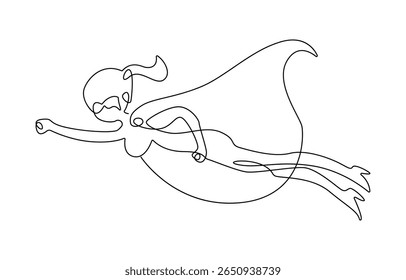 Desenho contínuo de uma única linha de super-heroína de negócios voadora, conceito de ilustração Vetor de funcionário de poder, realização de sucesso, líder de herói de negócios.