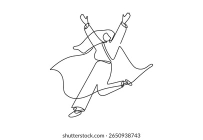 Desenho contínuo de uma única linha de super-heroína de negócios voadora, conceito de ilustração Vetor de funcionário de poder, realização de sucesso, líder de herói de negócios.