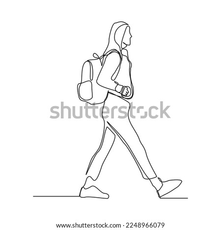Continuous single one line drawing art of college campus student woman with bag backpack. Vector illustration